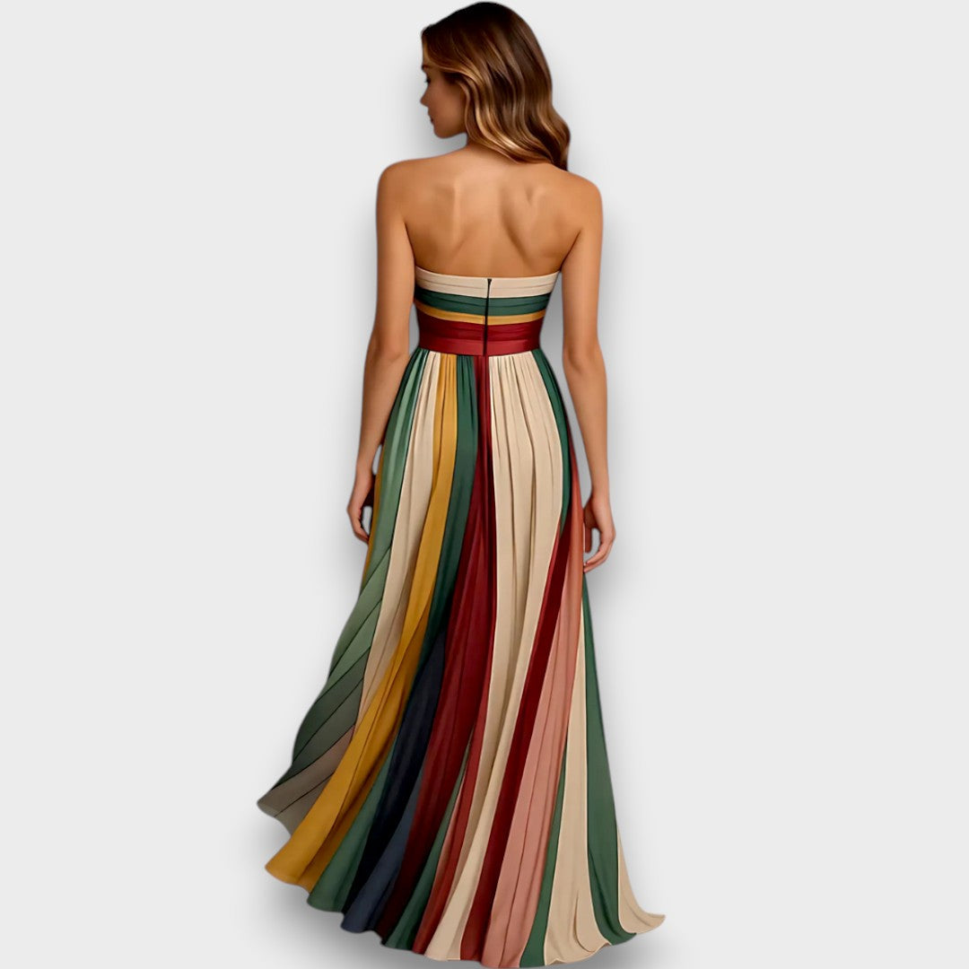 Melissa - Vestido maxi multicolor con rayas plisadas