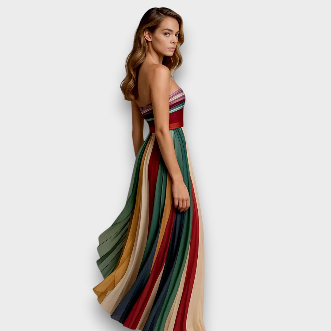 Melissa - Vestido maxi multicolor con rayas plisadas