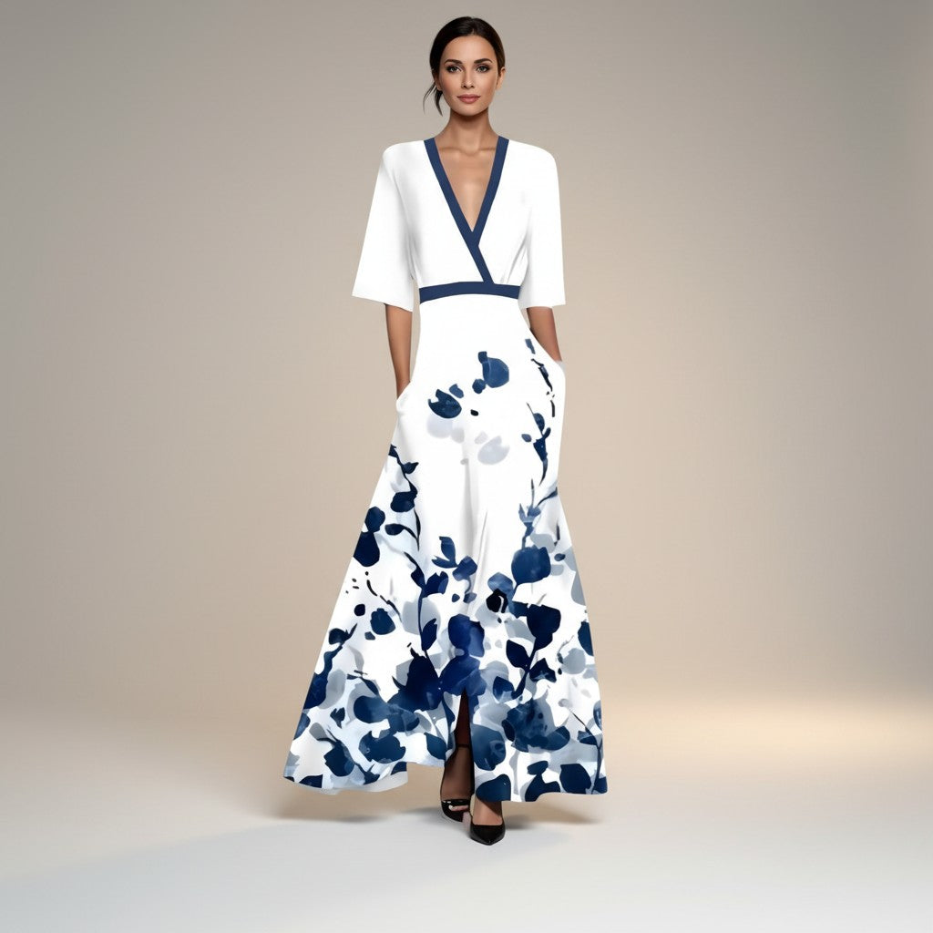Marina - Vestido largo estampado con cuello en v favorecedor