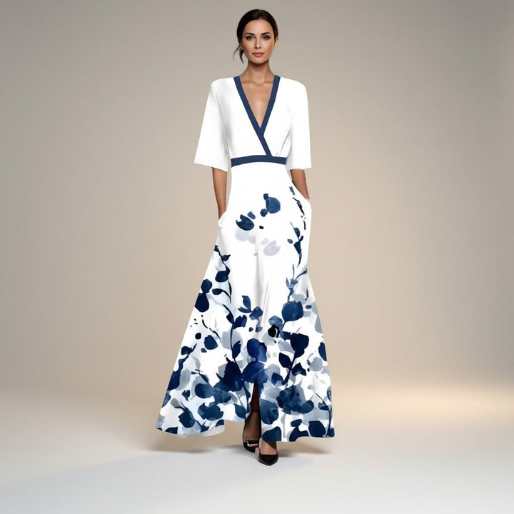 Marina - Vestido largo estampado con cuello en v favorecedor