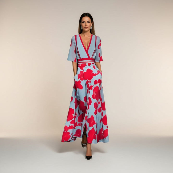Marina - Vestido largo estampado con cuello en v favorecedor